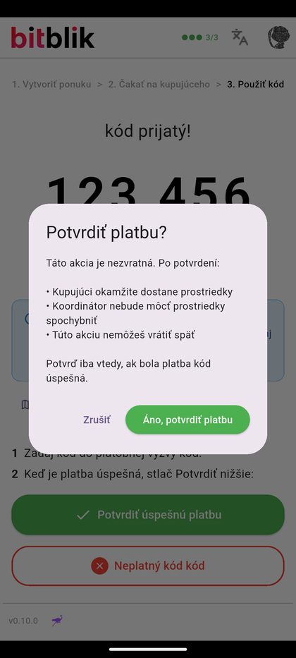 Potvrdenie platby je nezvratné